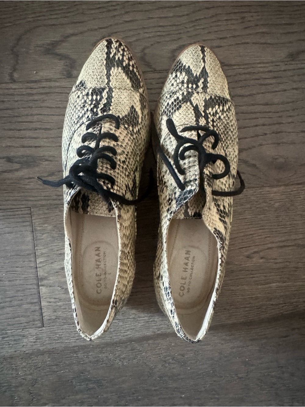 Cole Haan Beige and Black Snake-Print Lace-Up Flats